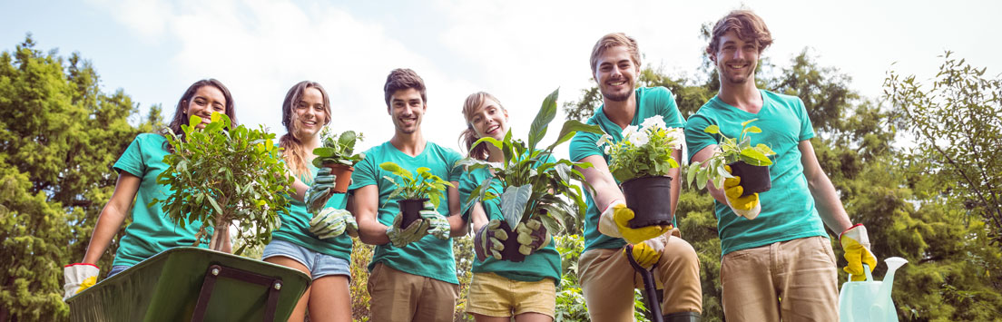 Group of teenagers planting in a garden